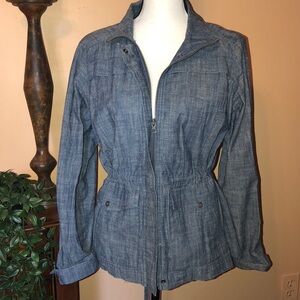 Croft and barrow blue denim cinch waist light zip up jacket with collar